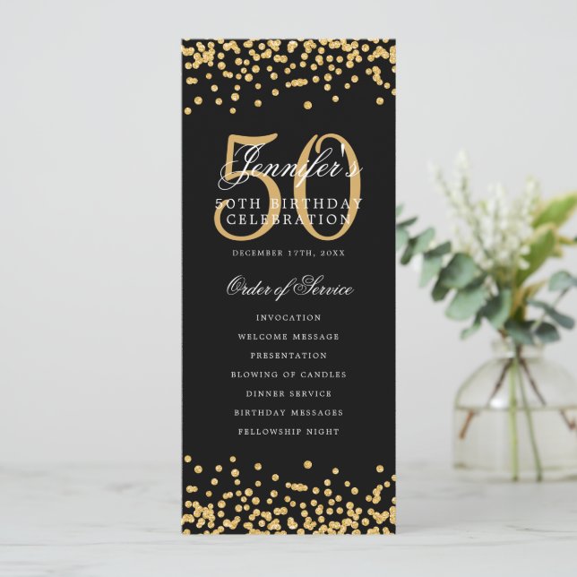 50th Birthday Program Menu Thank You Gold Confetti Invitation (Standing Front)
