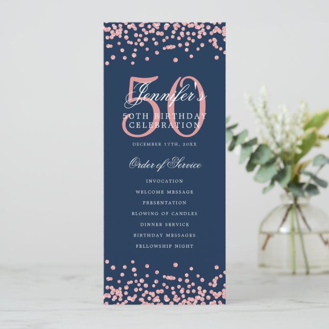 50th Birthday Program Rose Gold Navy Blue Confetti Invitation (Standing Front)