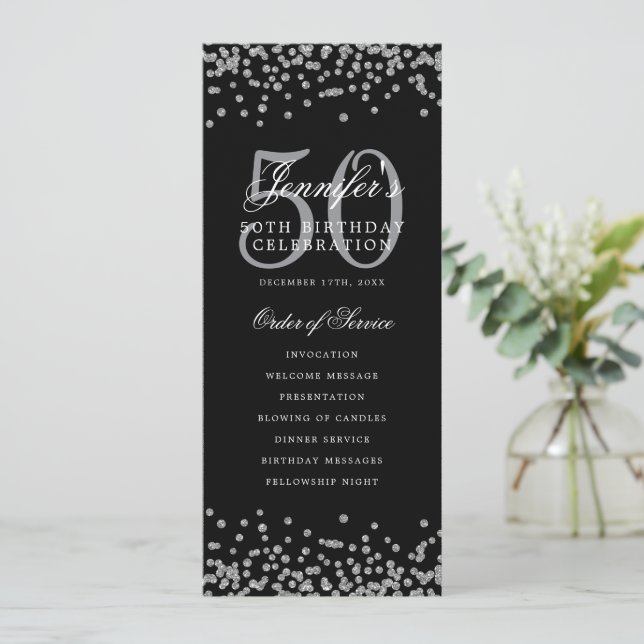 50th Birthday Program Silver Black Confetti Invitation (Standing Front)