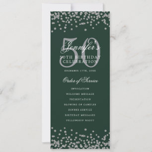 50th Birthday Program Silver Confetti Menu Green  Invitation