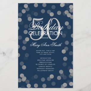 50th Birthday Program Silver Confetti Menu Navy
