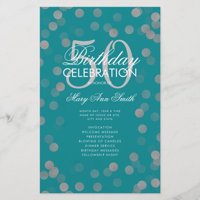 50th Birthday Program Silver Confetti Menu Teal  (Front)