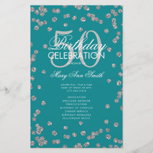 50th Birthday Program Silver Glitter w/ Menu Teal