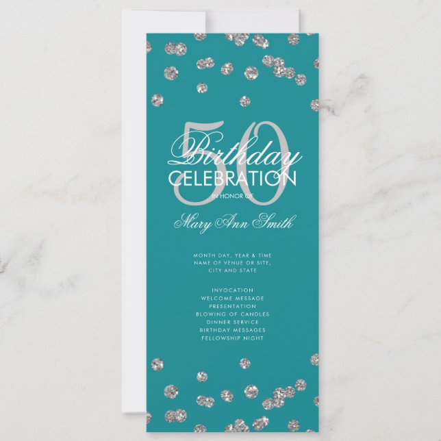 50th Birthday Program Silver Glitter w/ Menu Teal  Invitation (Front)