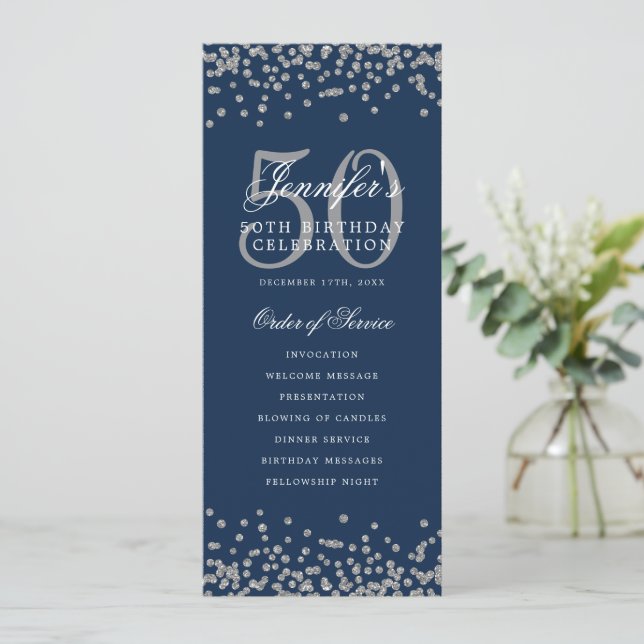 50th Birthday Program Silver Menu Navy Blue  Invitation (Standing Front)