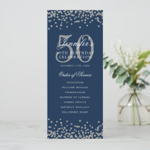 50th Birthday Program Silver Navy Blue Confetti Invitation