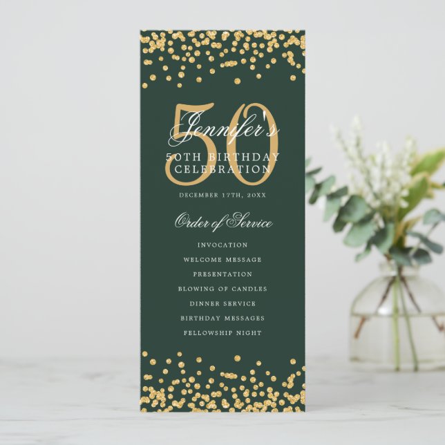 50th Birthday Program Thank U Gold Green Invitation (Standing Front)