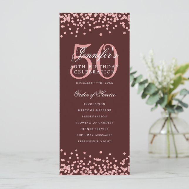 50th Birthday Program Thank U Rose Gold Burgundy  Invitation (Standing Front)