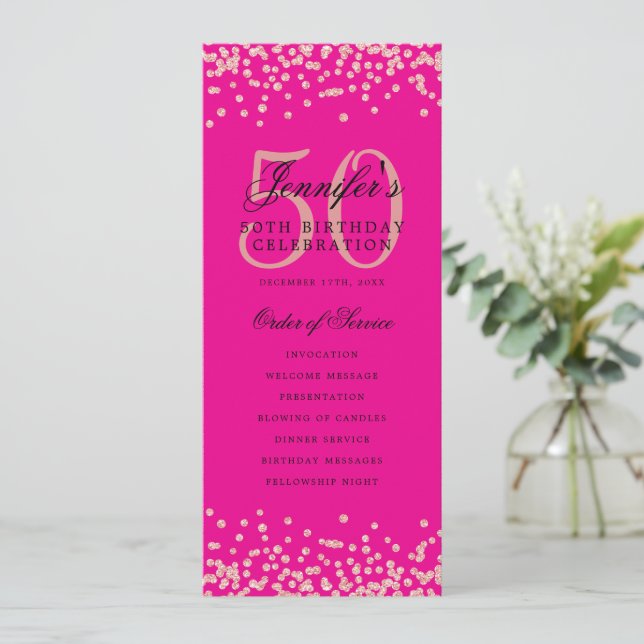 50th Birthday Program Thank U Rose Gold Hot Pink Invitation (Standing Front)