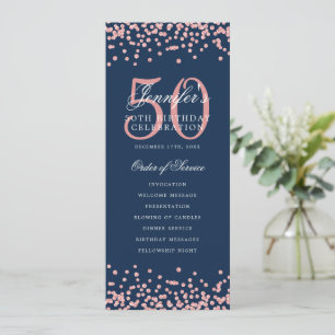 50th Birthday Program Thank U Rose Gold Navy Blue  Invitation