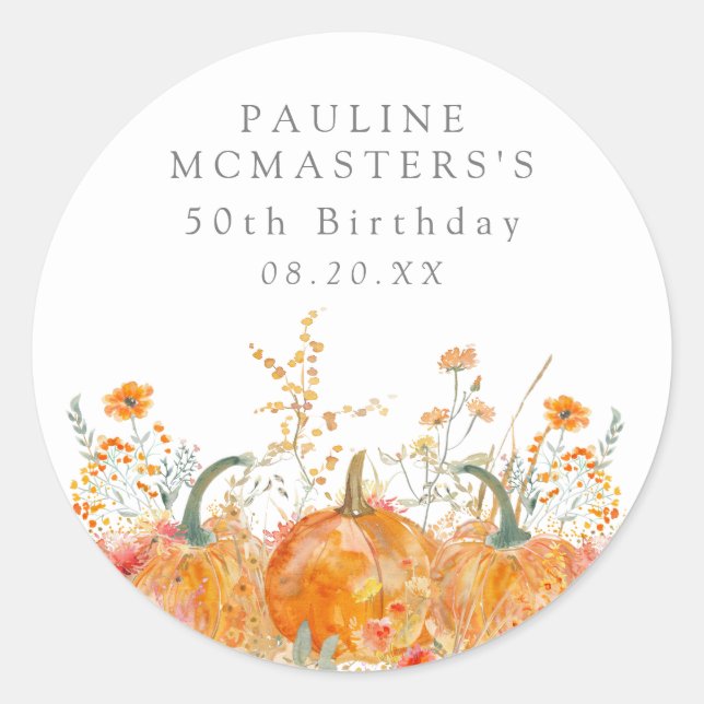 50th Birthday Pumpkin Wildflower Custom Favour Classic Round Sticker (Front)