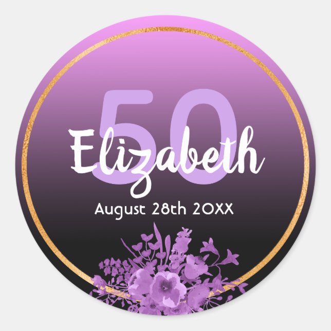 50th birthday purple and black gradient with gold classic round sticker (Front)