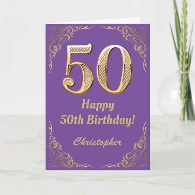 50th Birthday Purple and Gold Glitter Frame Card (Front)