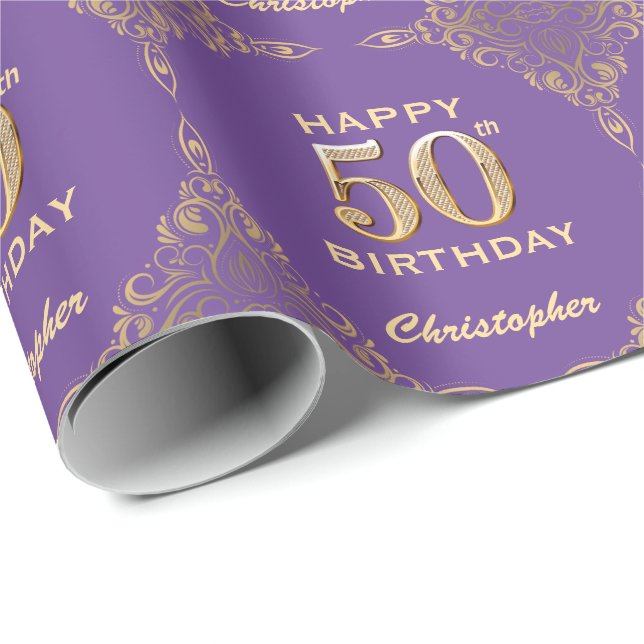 50th Birthday Purple and Gold Glitter Frame Wrapping Paper (Roll Corner)