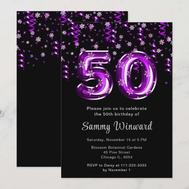 50th Birthday Purple Balloons Snowflake Confetti Invitation (Front/Back)