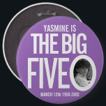 50th Birthday purple custom the big five o photo 6 Cm Round Badge<br><div class="desc">Fun purple and white 50th Birthday party photo and name pin button badge. A great idea for adding some fun to a fiftieth birthday party. Personalise with your own name and birth year to the current year and your own photo into the letter O. Other matching items are available. Design...</div>