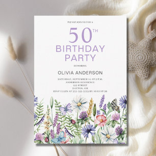 50th Birthday Purple Floral Botanical Invitation