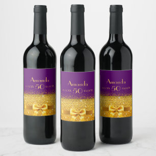 50th birthday purple gold bow name wine label