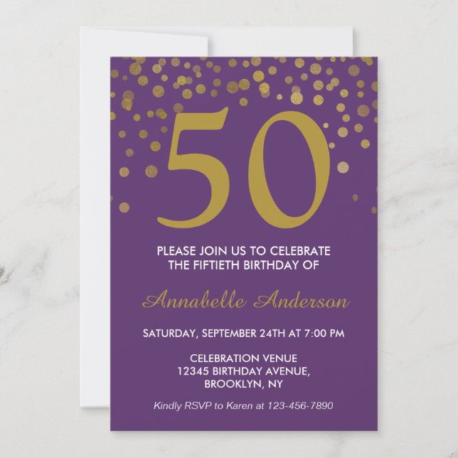 50th Birthday Purple Gold Confetti Dot Retro Chic Invitation (Front)