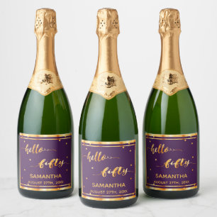 50th birthday purple gold hello 50 name script sparkling wine label
