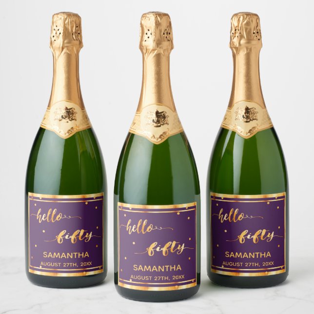 50th birthday purple gold hello 50 name script sparkling wine label (Bottles)