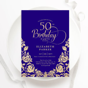 50th Birthday Purple Gold Roses Invitation