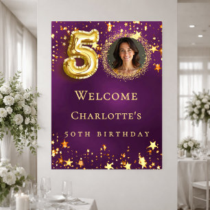 50th Birthday purple gold stars photo welcome Poster