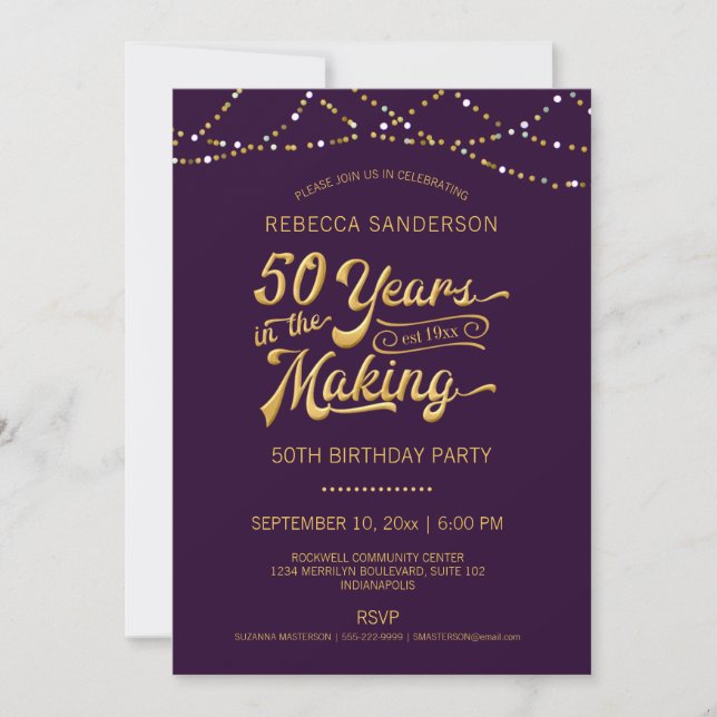 50th Birthday Purple Gold String Lights Invitation (Front)