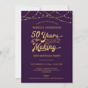 50th Birthday Purple Gold String Lights Invitation