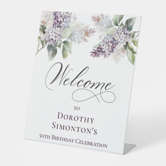 50th Birthday Purple Lilac Spring Flower Welcome Pedestal Sign (Front)