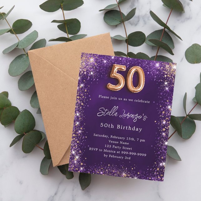 50th Birthday purple rose gold invitation (Creator Uploaded)