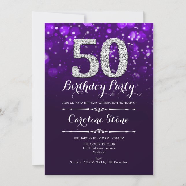 50th Birthday - Purple Silver Invitation (Front)