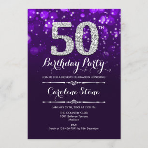 50th Birthday - Purple Silver Invitation