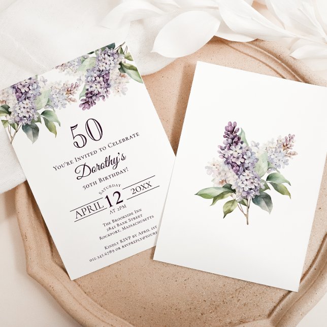 50th Birthday Purple Spring Lilac Flower Invitation (Creator Uploaded)
