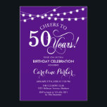 50th Birthday - Purple White Invitation<br><div class="desc">50th Birthday Invitation.
Simple purple and white design with script font and fairy string lights. Cheers to 50 years. Can be personalized into any age! Message me if you need further customization.</div>
