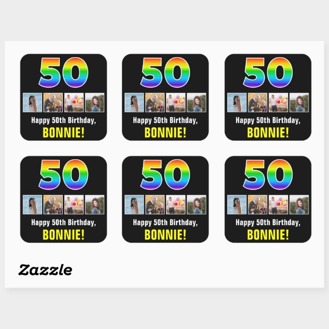 50th Birthday: Rainbow “50”; Custom Photos & Name Square Sticker (Sheet)