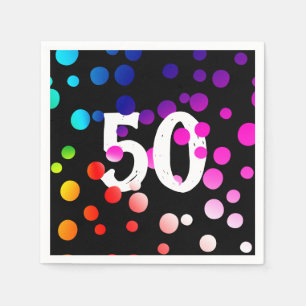 50th Birthday Rainbow Dots on Black Napkin