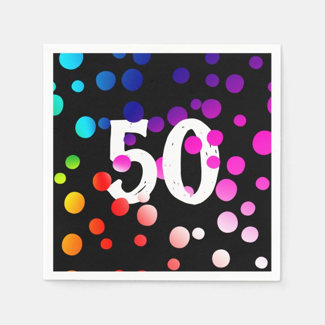 50th Birthday Rainbow Dots on Black  Napkin (Front)