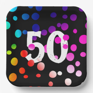 50th Birthday Rainbow Dots on Black  Paper Plate