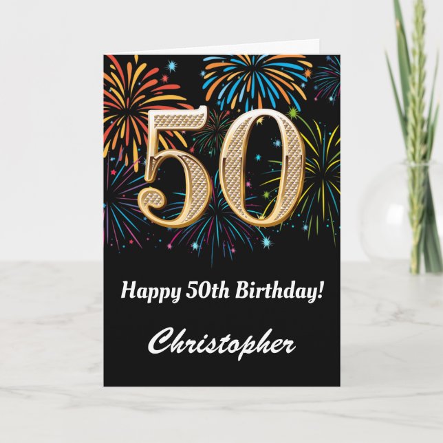 50th Birthday Rainbow Fireworks Black and Gold Card (Front)