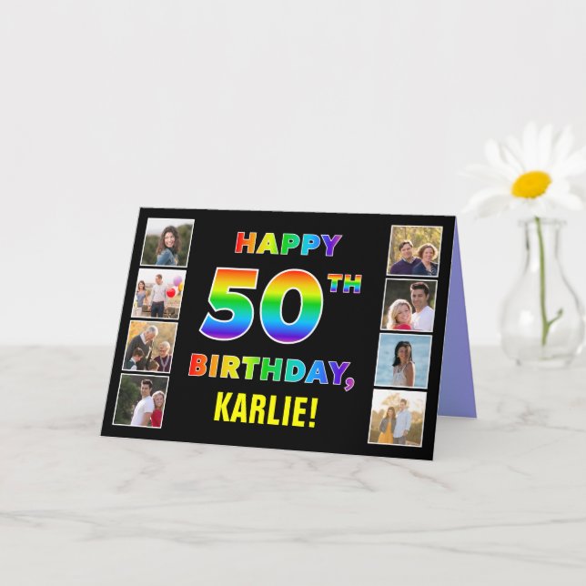50th Birthday: Rainbow Text, Custom Photos & Name Card (Small Plant)