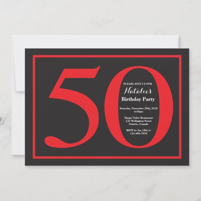 50th Birthday Red and Black Chalkboard Invitation (Front)
