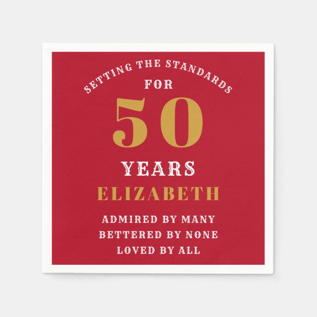 50th Birthday Red And Gold Add Your Name Napkin (Front)