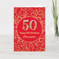 50th Birthday Red and Gold Floral Pattern