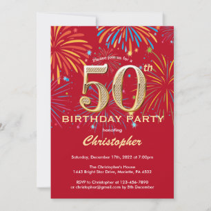50th Birthday Red and Gold Rainbow Fireworks Invitation