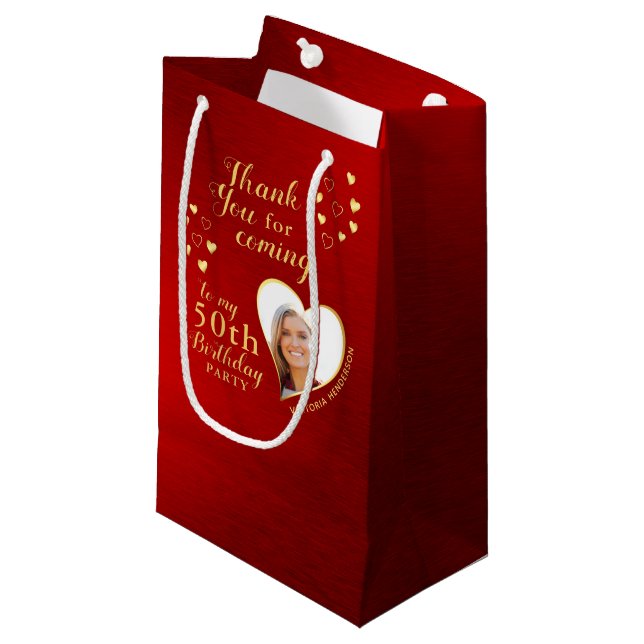 50th Birthday Red and Gold Thank You Favour Small Gift Bag (Front Angled)