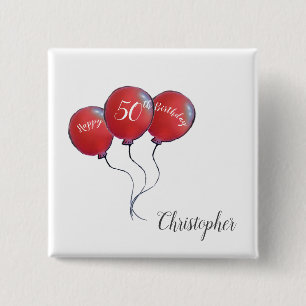 50th birthday red balloon gift 15 cm square badge