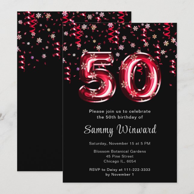 50th Birthday Red Balloons Snowflake Confetti Invitation (Front/Back)