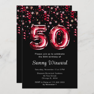 50th Birthday Red Balloons Snowflake Confetti Invitation