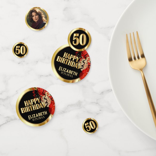 50th Birthday - Red, Black and Gold 🎈 Photo Confetti (Group)